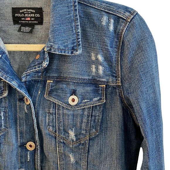 Ralph Lauren Polo Jeans Distressed Rocker Denim Trucker Ripped Y2K Jean Jacket-M - Picture 2 of 14